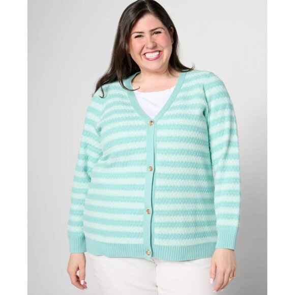 Lands End Women’s Striped Cardigan Sz XXL Green/White Casual Preppy Top Sweater - Picture 1 of 5